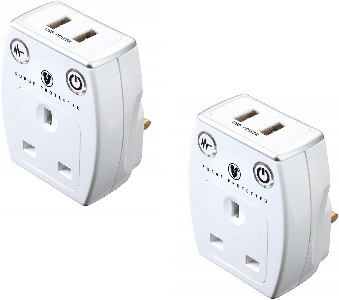 2 X 2 x 2.1amp USB Charger with 13amp Plug Through Surge Protected Power Socket - Polished White