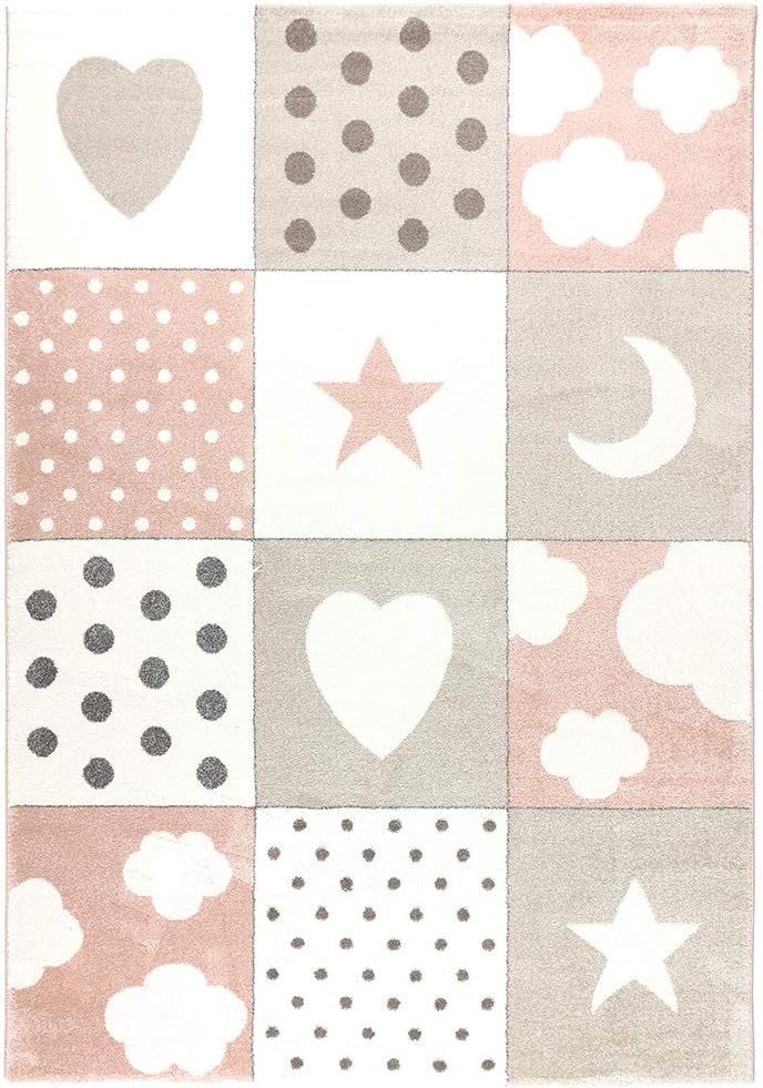 havatex Kids Rug Check Mix - Pink Blue or Gray | Patchwork Design with Stars Hearts Dots Clouds | Oeko-Tex seal | for Children Nursery Baby Room, Colour:Pink, Size:160 x 230 cm