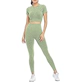 2 Piece Short Sleeve Outfits for Women Seamless Crop Tops Set for Women Workout Set
