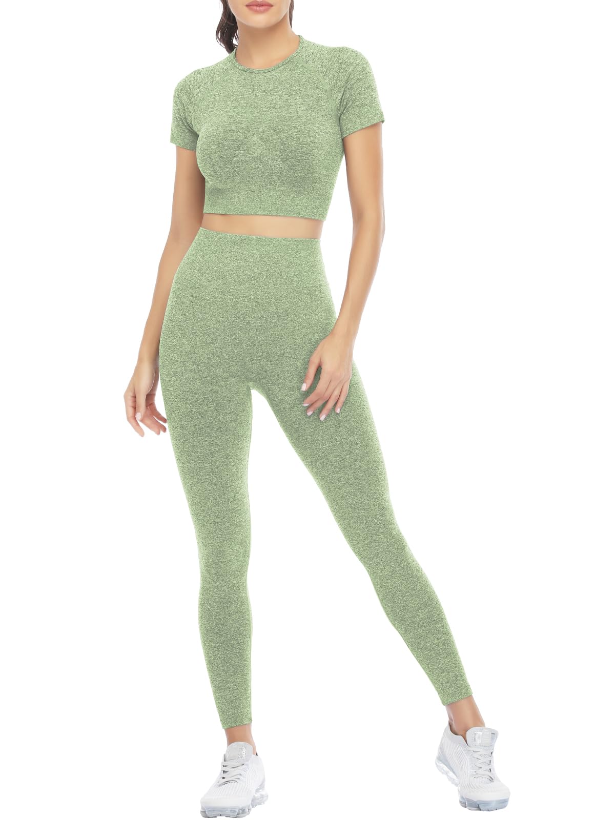 Photo 1 of (BAGGED) 2 Piece Short Sleeve Outfits for Women Seamless Crop Tops Set for Women Workout Set (J005S-Avocado)