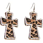 Vintage Leather Cross Dangle Earrings for Women Leopard Print AB Crystal Statement Drop Dangling Hook Stud Earring Boho Lightweight Exaggerated Jewelry