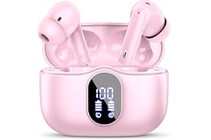 BTOOTOS Wireless Earbuds Bluetooth 5.3 Headphones Bass Stereo Ear Buds with Noise Cancelling Mic LED Display in Ear Earphones IP7 Waterproof 36H Playtime for Laptop Pad Phones Sports Workout Pink