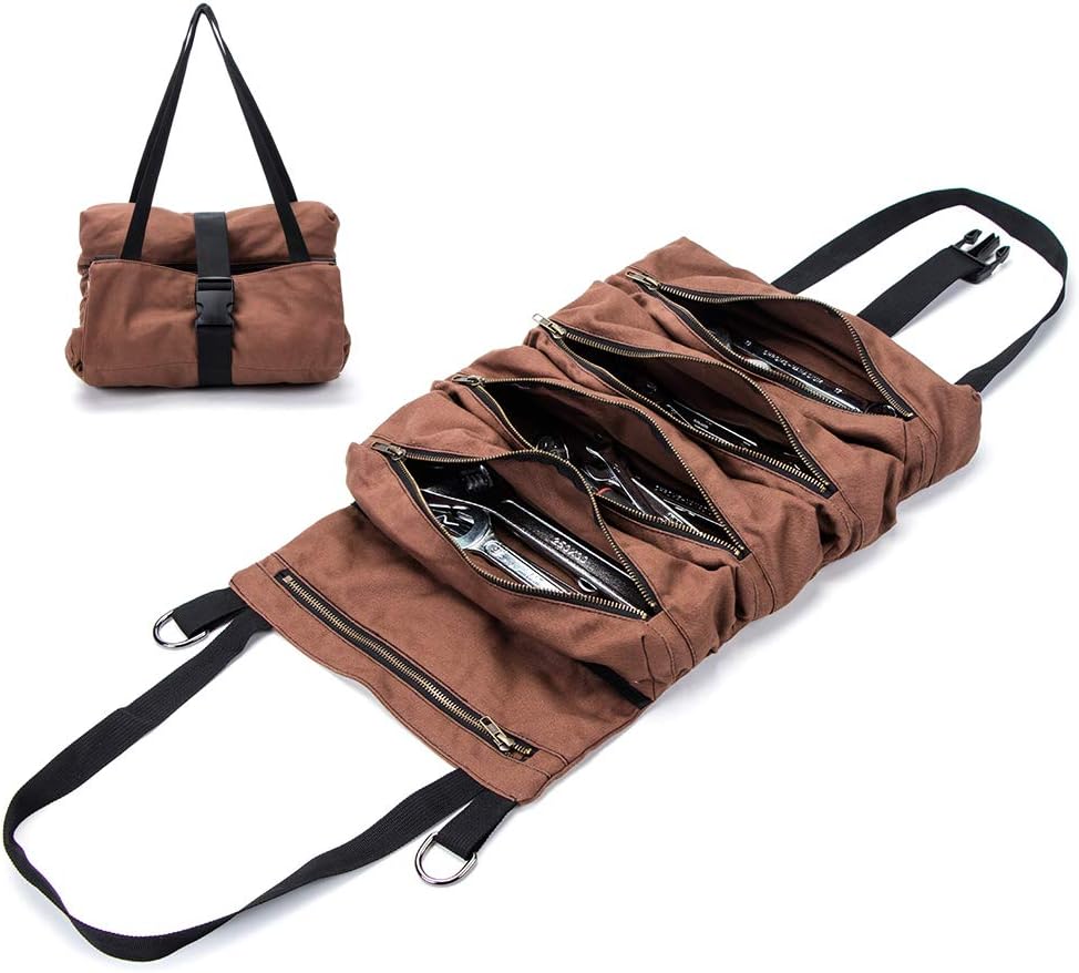 Super Tool Roll, Large Wrench Roll, Big Tool Roll Up Bag, Waxed Canvas Tool Organizer Bucket, Tool Roll Up Pouch, Handy Small Tools Tote Carrier, Tool Pouch Sling, Car Back Seat Organizer (Khaki) - - 