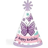Big Dot of Happiness Beautiful Butterfly - Cone Happy Birthday Party Hats for Kids and Adults - Set of 8 (Standard Size)