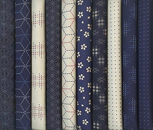 10 Japanese Import Sevenberry Kasuri Indigo Fat Quarter Fabric Collection VII (2 1/2 Yards Total)