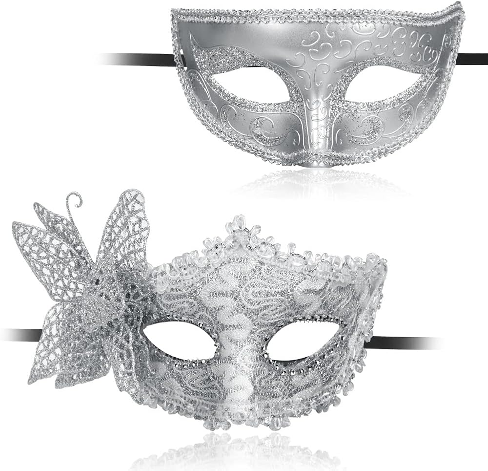 Aomig Couple Masquerade Masks 2 Pack Lace Venetian Eye Masks Black Yellow Silver