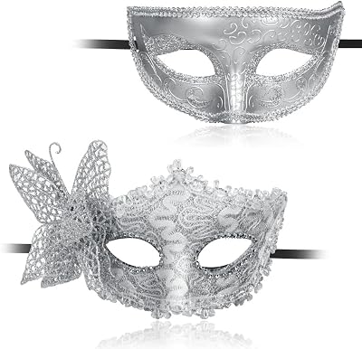 Aomig Couple Masquerade Masks 2 Pack Lace Venetian Eye Masks Black Yellow Silver