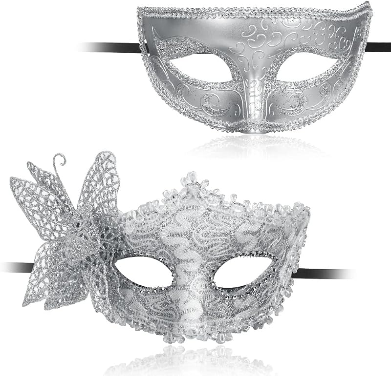 Aomig Couple Masquerade Masks 2 Pack Lace Venetian Eye Masks Black Yellow Silver
