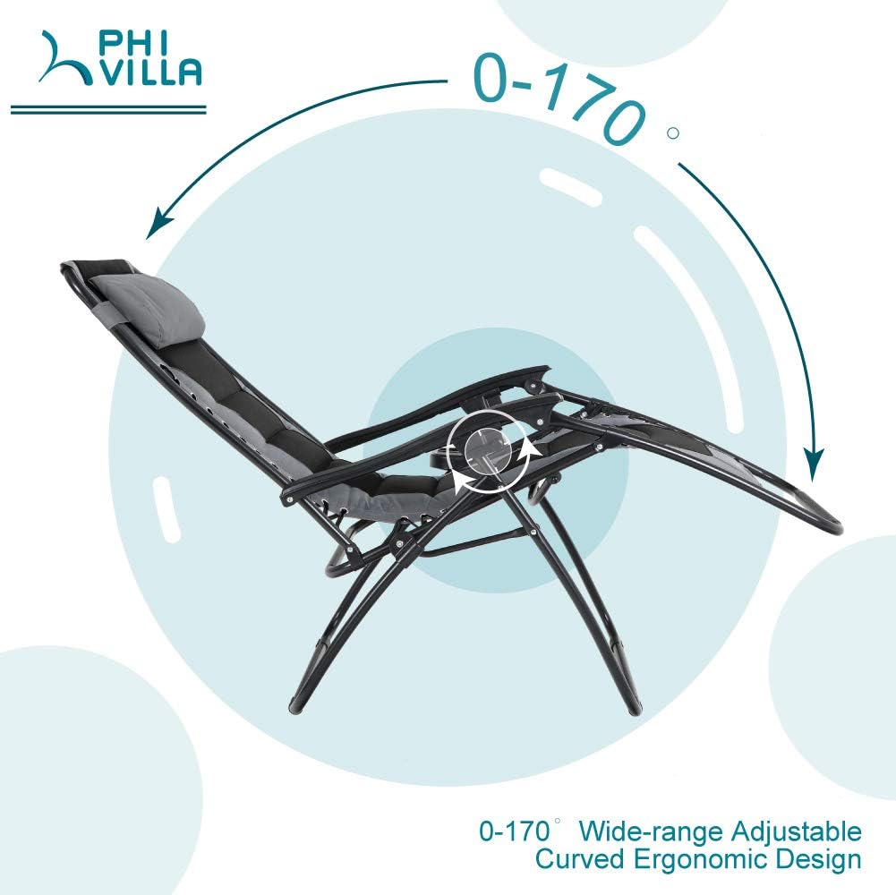 PHI VILLA Zero Gravity Chair Padded Recliner Adjustable Lounge Chair with Free Cup Holder (Grey) : Garden & Outdoor