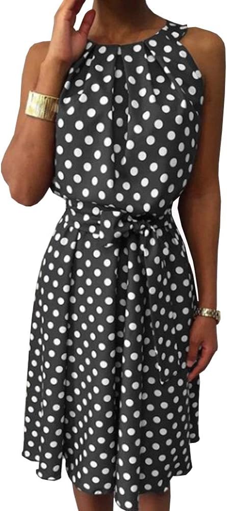 Lantch Women Dress Casual Round Neck Party Sleeveless Vintage Dress Polka dot(ga,2XL)
