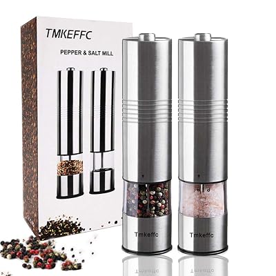 TMKEFFC Battery Operated Salt Pepper Mill, Electric Spices Grinder Seasoning Flavouring Shaker For Solid Condiment, Stainless Steel, Adjustable Coarseness, Ceramic Rotors, LED Light, Clear Container