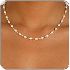 Pearl Necklaces for Women Trendy, Dainty Beaded Choker Necklace, 14K Gold Plated Station Chain, Simple Layering Wedding Prom