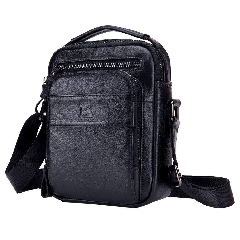 Hebetag Leather Shoulder Messenger Bag Handbag for Men Outdoor Travel Business Crossbody Small Briefcase Phone Wallet Tote Casual Sling Daypack Black