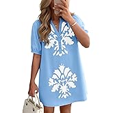 Wenrine Womens Puff Short Sleeve Mini Dress Summer Floral Print Button V Neck Loose Casual Shift Dresses with Pockets