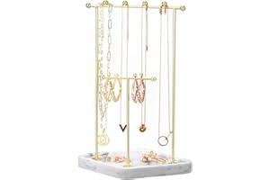 Emibele Jewelry Stand Organizer, 2 Tier Jewelry Holder for Necklace Bracelet Earrings, Jewelry Tree Stand with Gold Metal Rack and White Marble Tray