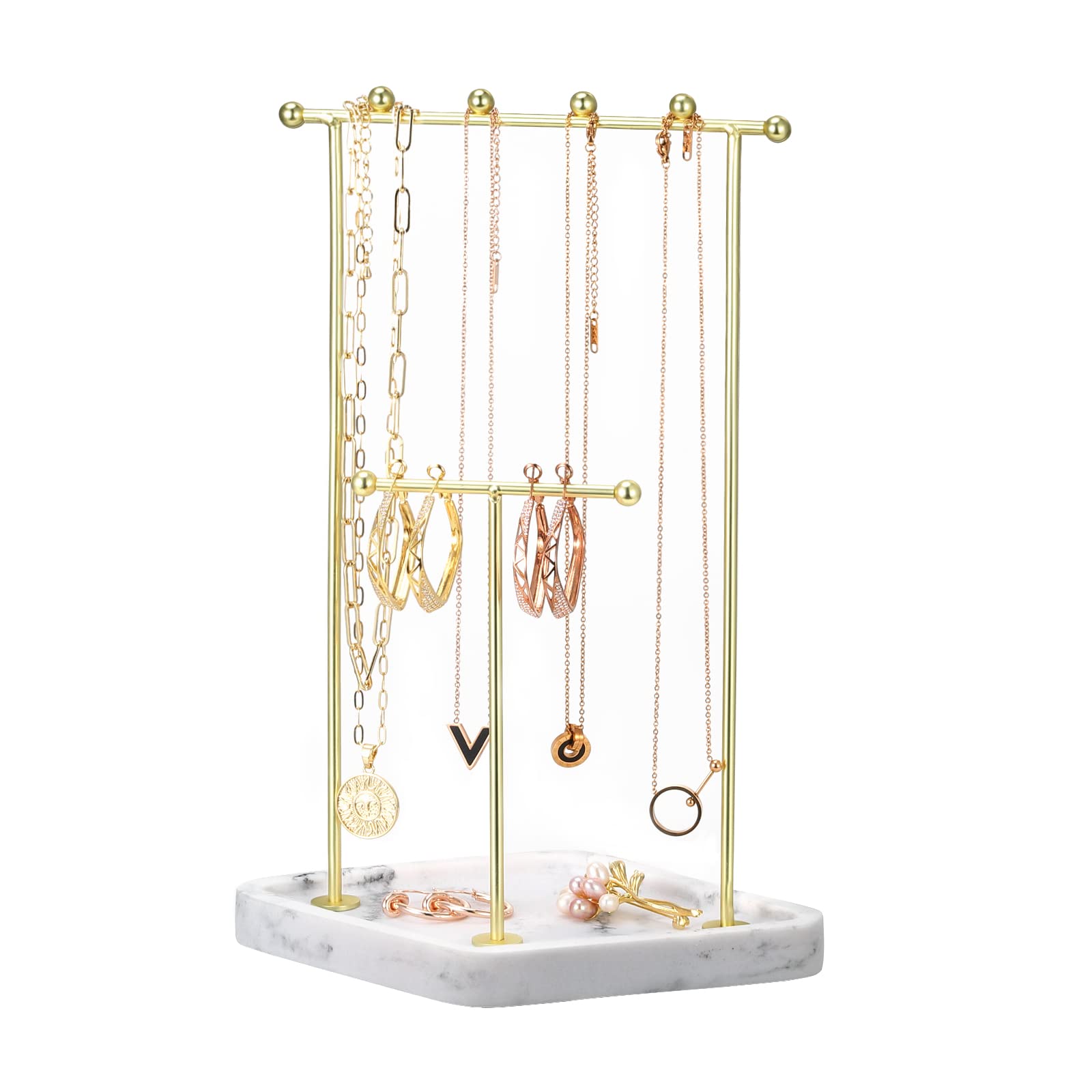 Emibele Jewelry Organizer Stand, 2 Tier Jewelry Holder Stand with Rhombic Resin Tray Golden Metal Rack, Necklace Bracelets Rings Earrings Display Tower Jewelry Tree Stand, Marble White