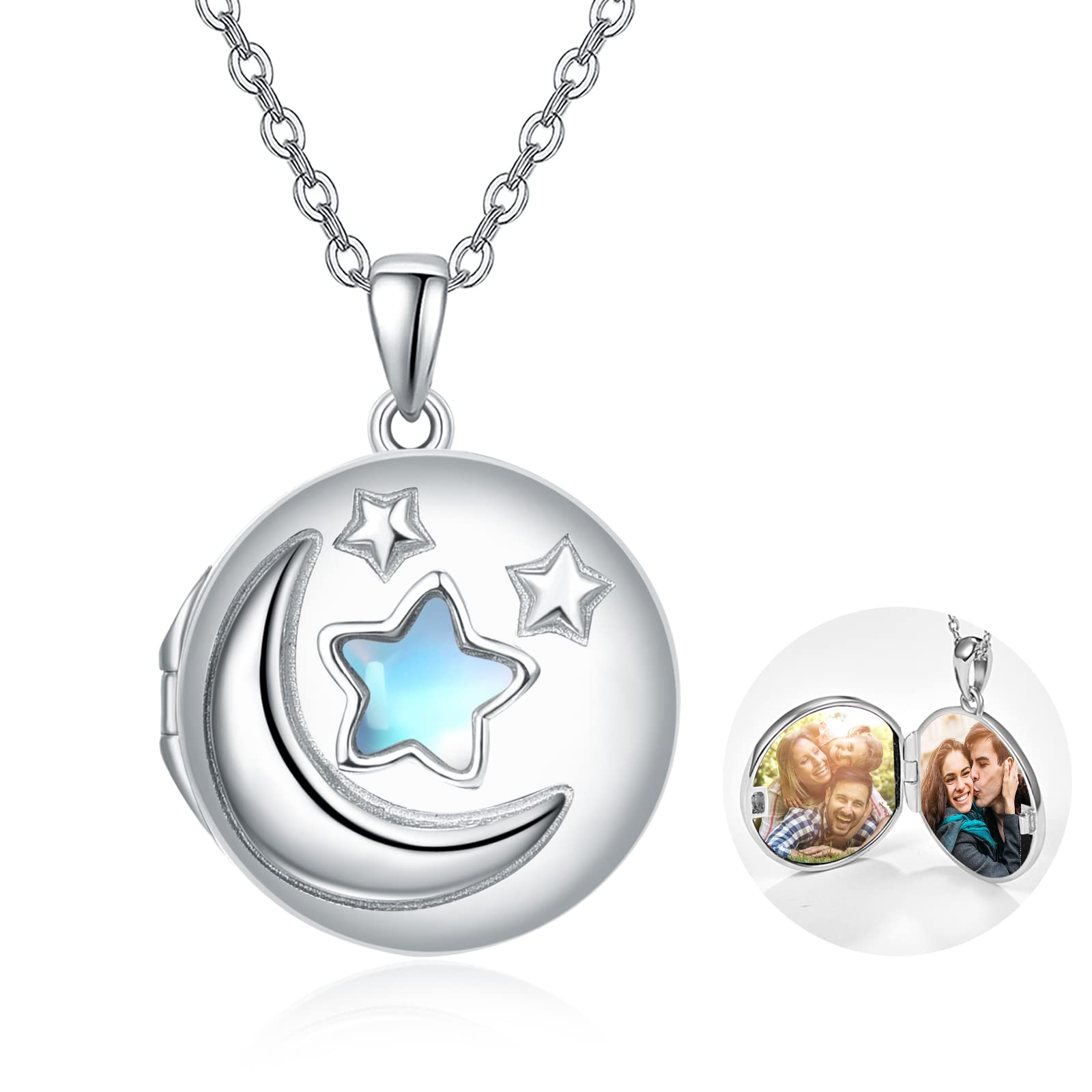 TANGPOET Locket Necklace for Women 925 Sterling Silver Smile Photo Picture Pendant Star and Moon Lockets Memorial Gifts for Mum Daughter Grandmother Family