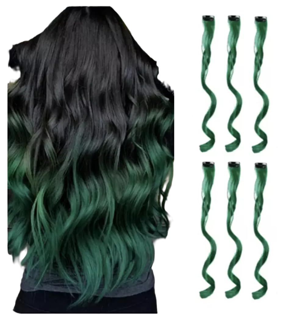 Clip In Curly Hair Extension Highlights, Hair Streaks, Long Curly Hair Highlights (Dark Green x 6)