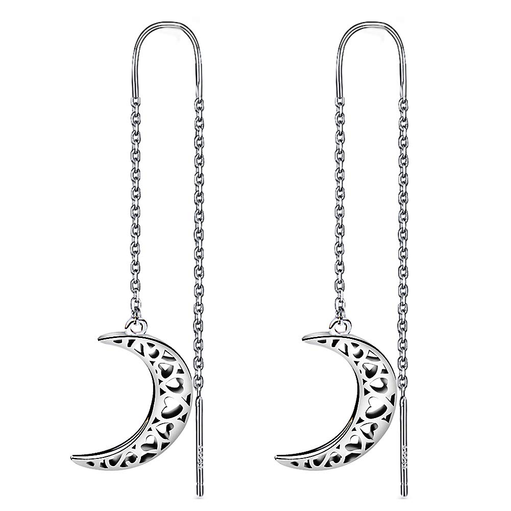 Meyiert 925 Sterling Silver Crescent Moon Twilight Style Needle Drop Threader Pull Through Earrings for Womens (White)