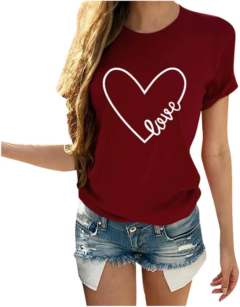 Heart Shirt Top Womens Valentine's Day T Shirt Short Sleeve Mother's Day Graphic Print Tee