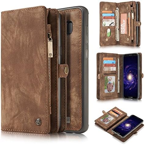 Galaxy S8 Leather Wallet Case Premium Retro Zipper Folio Flip Card Slots Cash Holder Case Purse With Detachable Magnetic Hard Cover For Samsung phone (Brown)