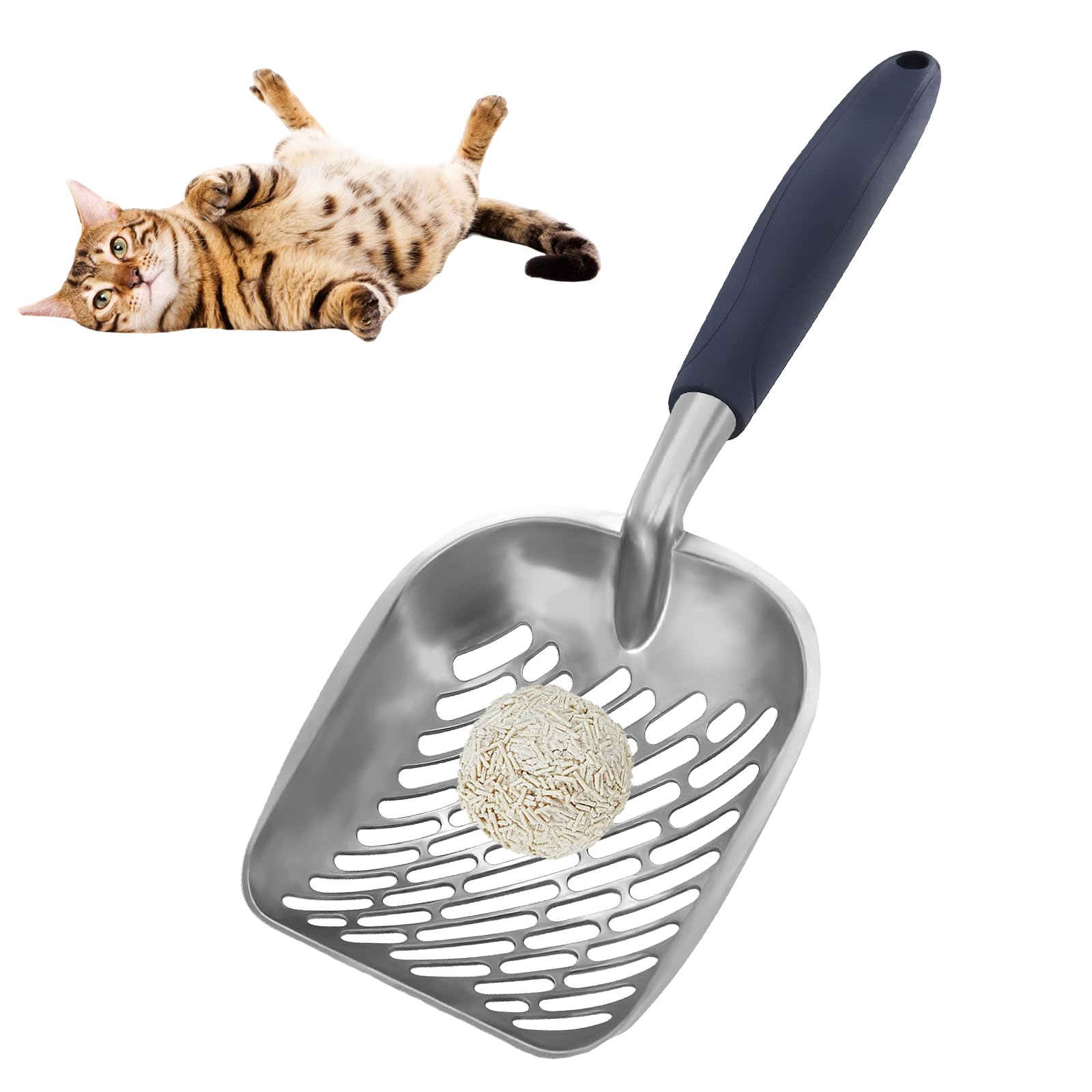 Andiker Metal Cat Litter Scoop Durable Large Litter Box Sifter with Ergonomic Long Handle and Large Holes Slot Pet Litter Shovel Easy to Clean (blue)