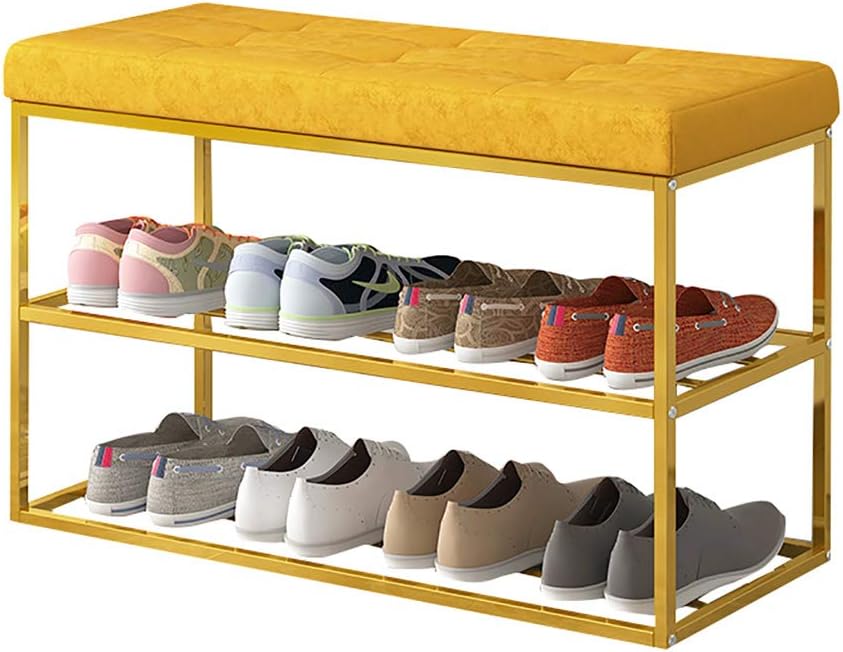 Shoe rack Metal Bench With Velvet Cushion, Entryway 3tier Tufted