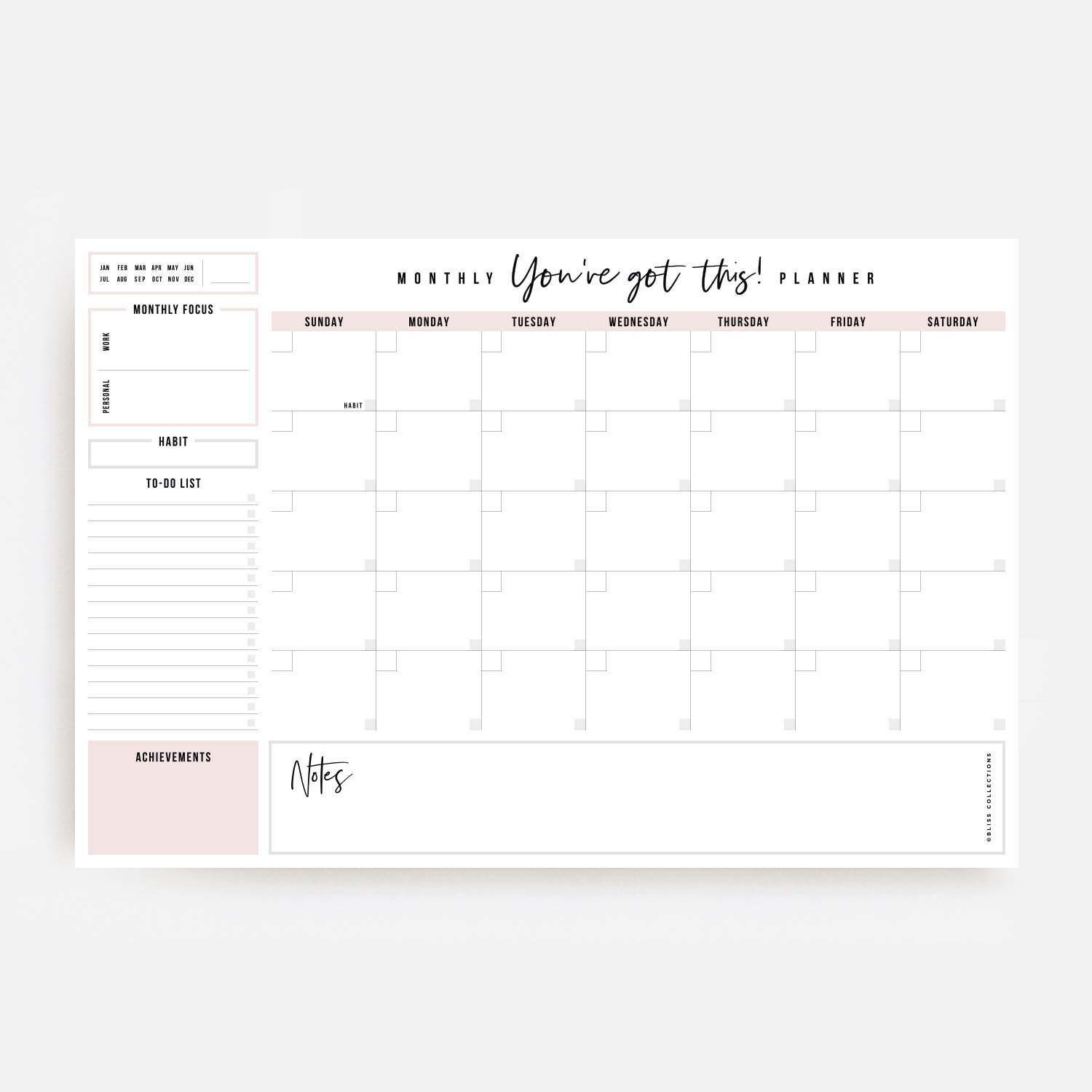 Bliss Collections Monthly Planner with 18 Undated 297 x 420 Tear-Off Sheets - You've Got This Calendar, Organiser, Scheduler, Productivity Tracker for Organising Goals, Tasks, Notes, To Do Lists