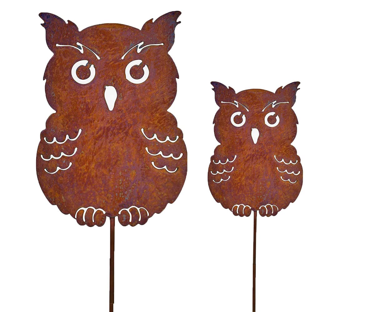 Bornhöft Garden Stake Owl Kautz Metal Rust Garden Decoration Patina Rusty Decoration for the Garden (Set 110 cm + 60 cm)
