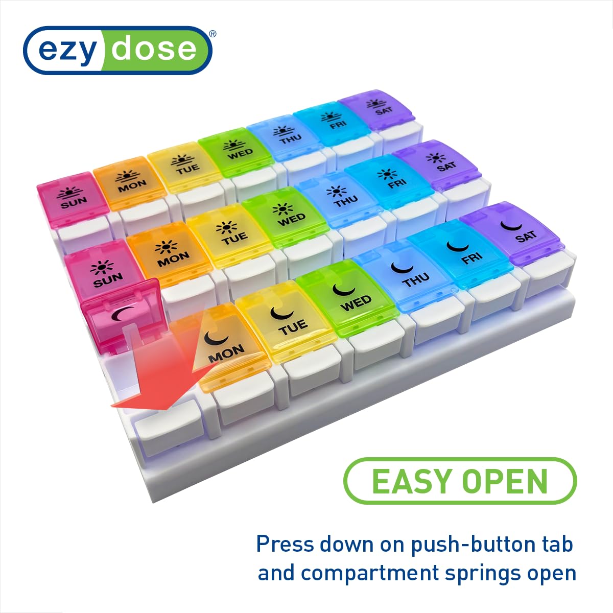 EZY DOSE Weekly (7-Day) Pill Case, Daily Medicine Planner, Vitamin Organizer Container, Large Push Button Compartments, Easy to Use, 3 Times a Day, Spring Open Design, Rainbow Lids, BPA Free