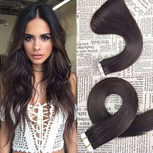 HIKYUU 20" 40g/20pcs Invisible Seamless Skin Weft Tape in Human Hair Extensions Darkest Brown #2 Straight Remy Tape in Hair Extensions Human Hair Brown