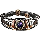 COLORFUL BLING 12 Zodiac Constellation Bracelets Leather Multilayer Braided Rope Crystal Glass Hand Woven Cuff for Women Men Punk Rock Jewelry