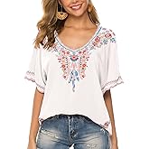 AK Women's Summer V Neck Boho Embroidered Mexican Shirts Short Sleeve Casual Tops Blouse