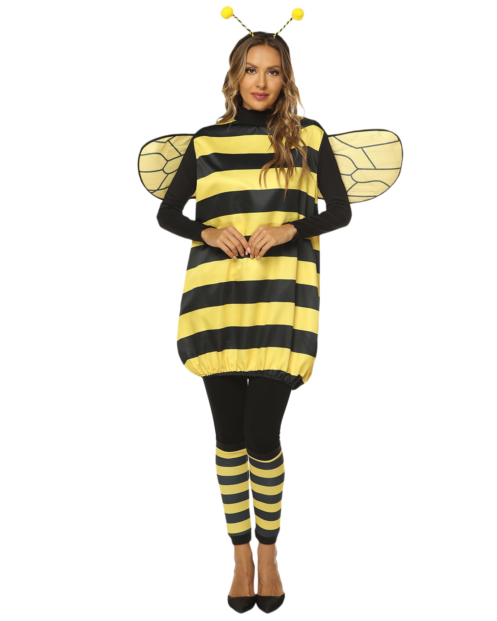 SANSIWU Women Bee Cosplay Costume Set Bee Dress with Wings Headband Leg Sleeves for Role-playing Accessories Halloween Themed Party Costumes (ADULT, M)
