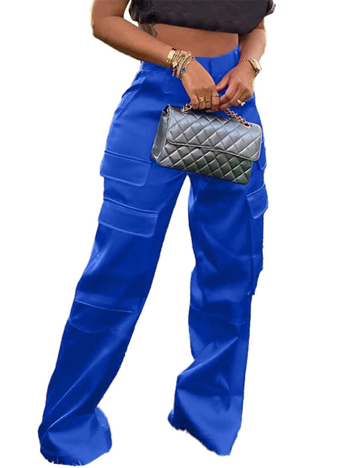 Photo 1 of Women High Waist Metallic Cargo Pants Straight Silk Cargo Jogger Pants 2023 Cargo Trousers