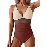Aidonger Women's One Piece Color Block Swimsuit Tummy Control Slimming Bathing Suit V Neck Cutout High Waisted Swimwear