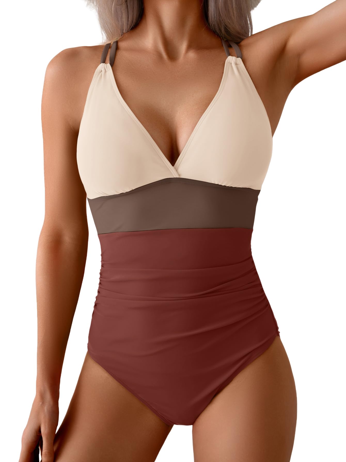 Photo 1 of Aidonger Women's One Piece Color Block Swimsuit Tummy Control Slimming Bathing Suit V Neck Cutout High Waisted Swimwear