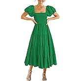 ELIGNTLOFT Women's Boho Summer Puffy Short Sleeve Midi Dress with Square Neck Flowy Ruffle Hem Casual Beach Long Dress