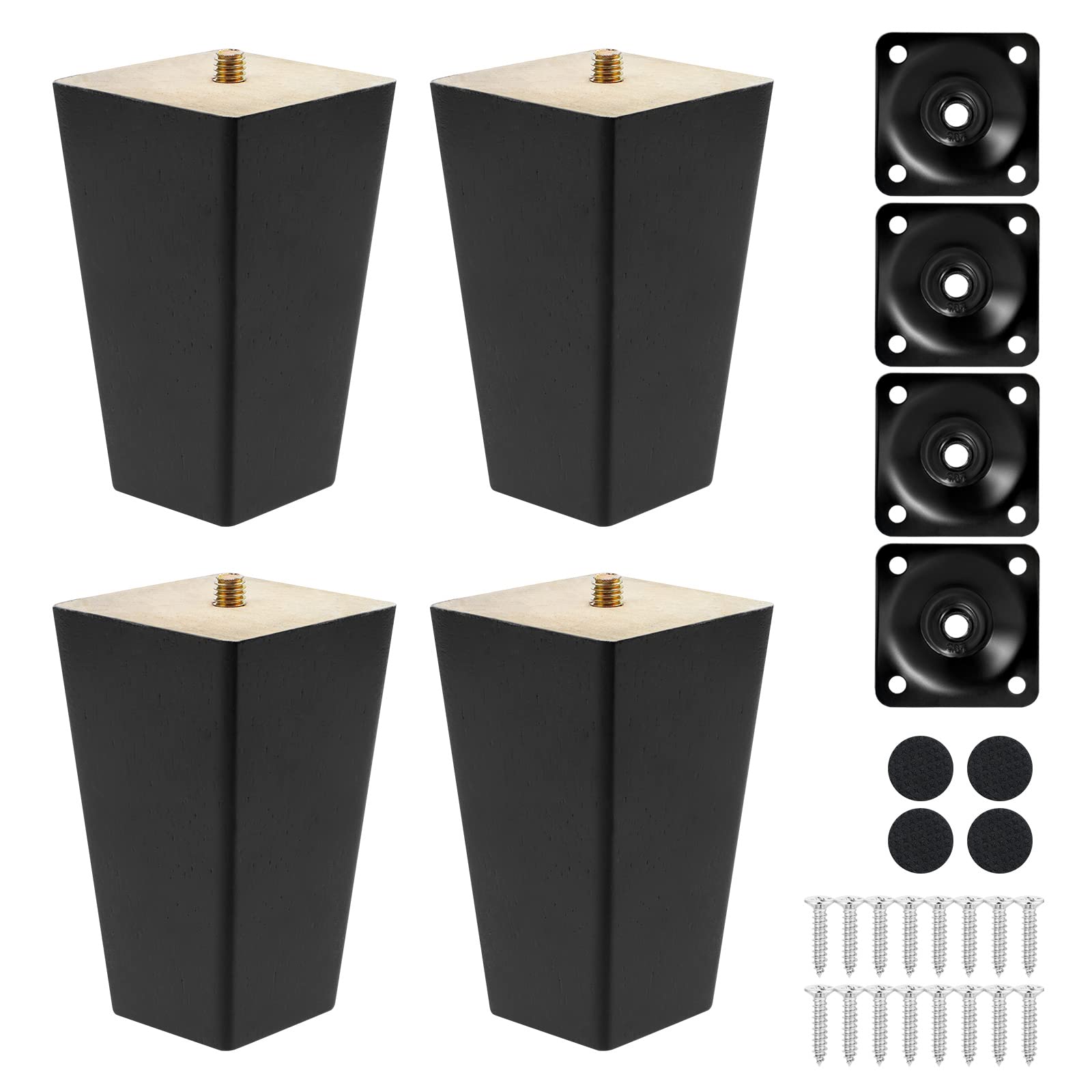 Knpwer 4 Pcs Wooden Furniture Legs,10 cm Solid Straight Wood Sofa Legs Replacement Furniture Feet with Mounting Plate, Screws and Anti Slip Mats