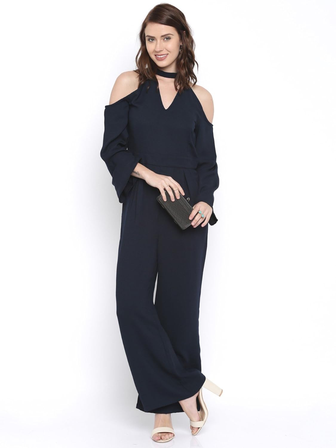 rare navy blue cold-shoulder jumpsuit