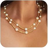 Gold Pearl Necklace for Women, Chunky 18K Gold Plated Layered Choker Chain - Double Layered Pearl Necklace, Trendy Gold Jewelry Birthday Gifts