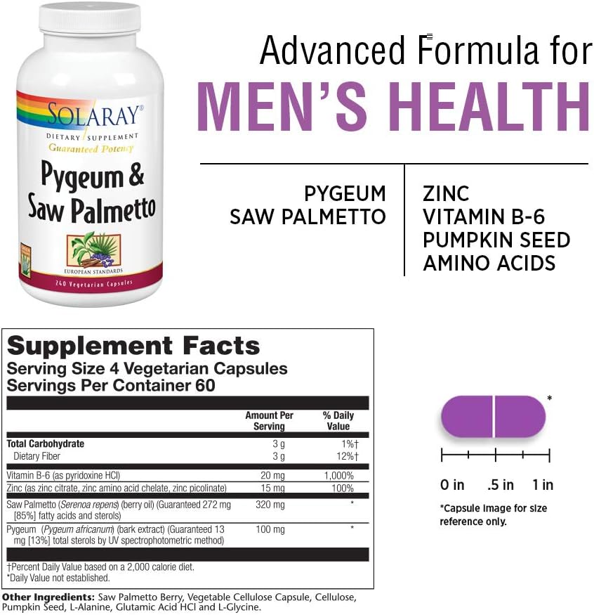 Solaray Pygeum and Saw Palmetto Berry Extracts | Mens Health & Prostate Function Support | Zinc, B-6, Pumpkin Seed & Amino Acids | 240 VegCaps: Health & Personal Care