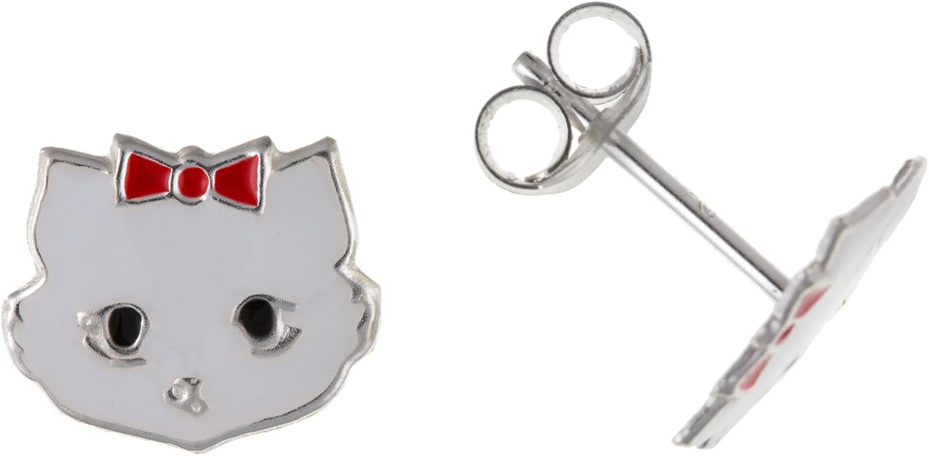 HELLO KITTY Style White Enamel Cat/Kitten Sterling Silver Stud Earrings/Ear Studs - Children's Jewellery