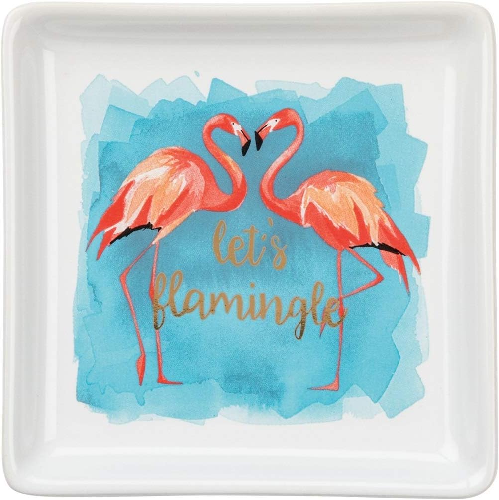 Primitives by Kathy - Colorful Pink Flamingo Trinket Tray - Let's Flamingle - 4 Inches Square
