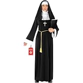 Morph, Nun Woman Costume, Nun Costume, Halloween Costumes for Women | Black Maxi Robe, Veil Headpiece with Neck Cover, Gold Cross Necklace, Rope Tie Belt Included, Perfect for Halloween