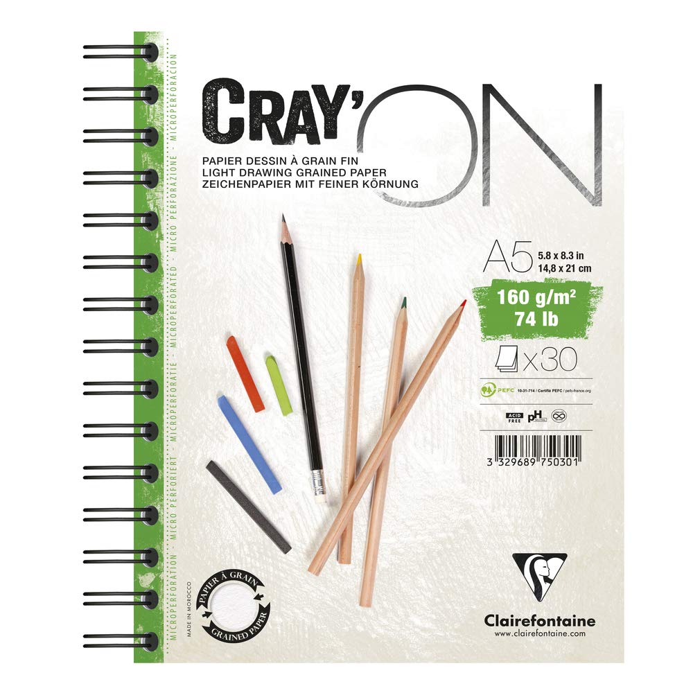 Clairefontaine - Ref 975030C - Cray'On White Wirebound Sketch Pad (50 Sheets) - A5 (14.8 x 21cm) Size, 160gsm 100% Cellulose Paper, Grained One Size & Smooth Other Side