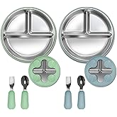 2 Pack 304 Stainless Steel Baby Silicone Suction Plates & 2 Pack Spoons Set, Toddler Utensils Baby Feeding Set, BPA-Free,Dish