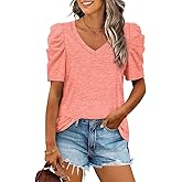 Cegerne Womens Summer Shirt V Neck Casual Loose Fit Tshirts Puff Short Sleeve Tops