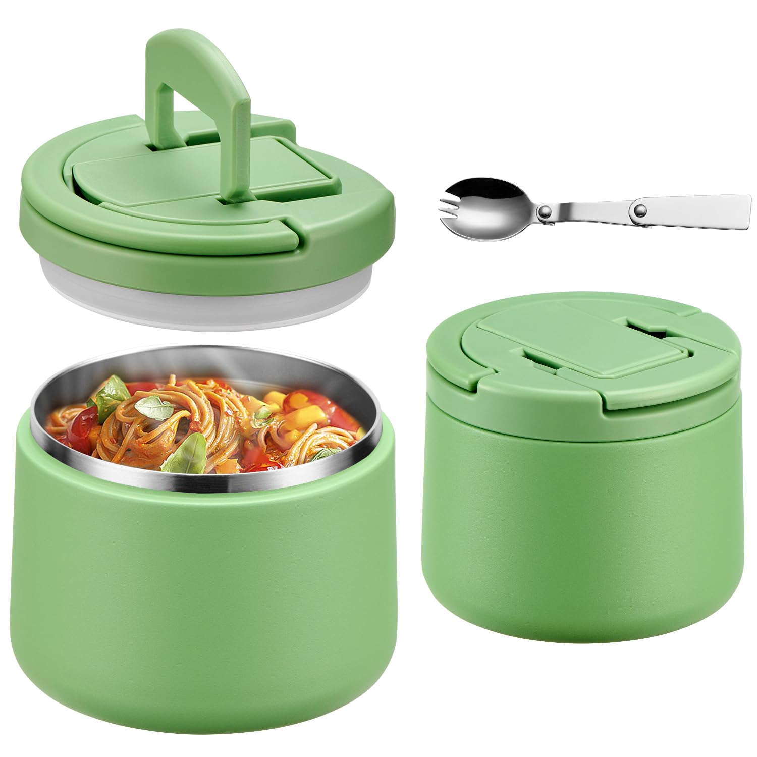 Photo 1 of 14oz Insulated Vacuum Food Jar with Buckle Lid,Soup Thermo for Hot Food Kids,Wide Mouth Leakproof Stainless Steel Lunch Container with Spoon-Green
