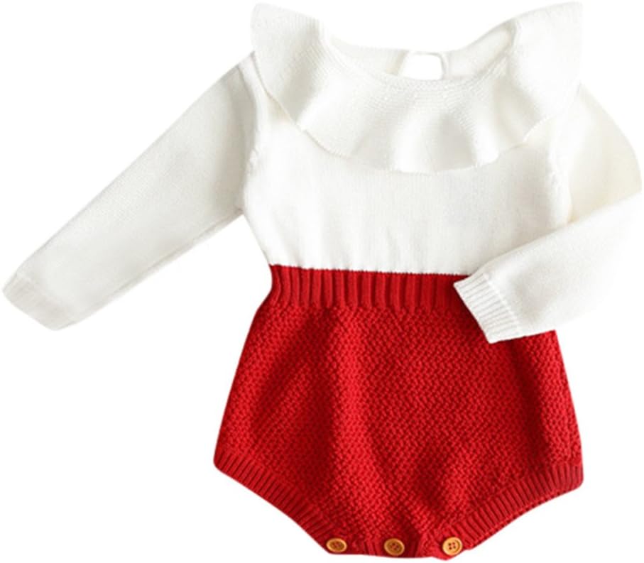 Baby Girls Sweet Knitted Fleece Romper Long Sleeve Ruffle Jumpsuit Sweater Dress